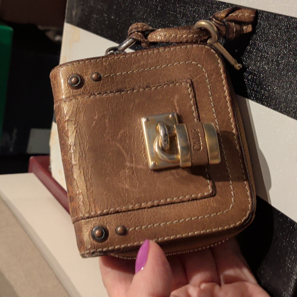 Chloé Gold and Tan Wallet With Padlock And Key